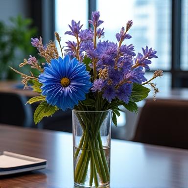 Bouquet sculptural sur un bureau de conciergerie