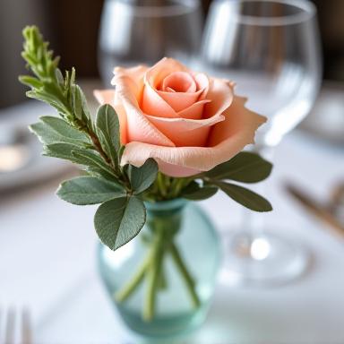 Détail de bouquet délicat sur une table d'un restaurant gastronomique