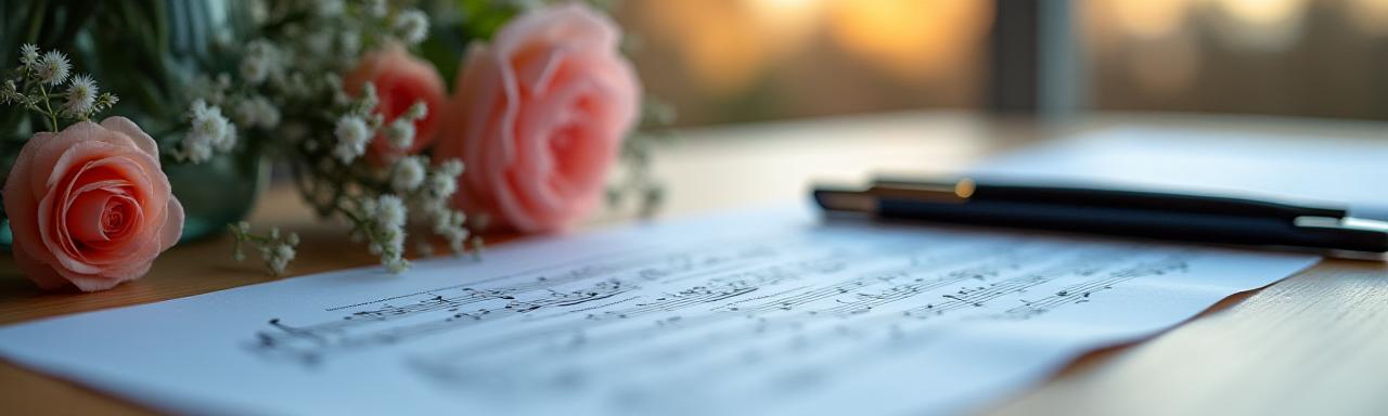 Un bureau élégant avec des partitions de musique, des fleurs fraîches et un stylo plume à plume d'or représentant la signature de contrats artistiques