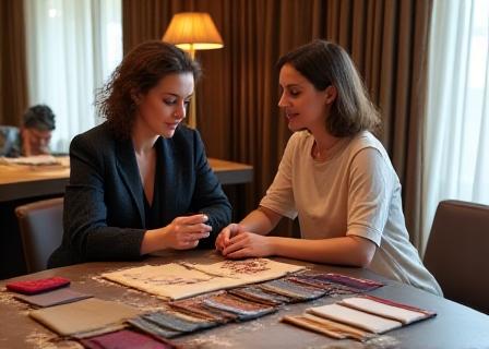 A client and a stylist discussing fabric swatches in a luxurious consultation room.