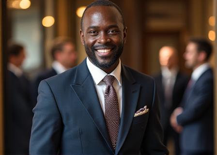 A client smiling as they try on their finished, perfectly fitting bespoke suit.