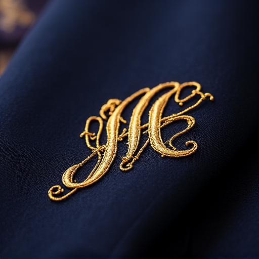 Detail shot of a golden calligraphy monogram on the inner lining of a suit.