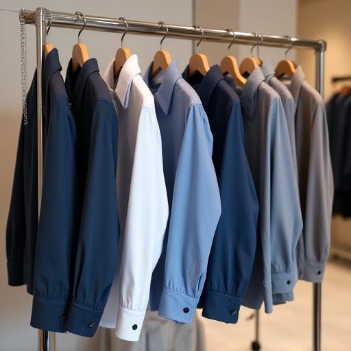 A curated collection of ready-to-wear shirts and jackets on a minimalist rack.