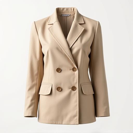 Front view of a stylish double-breasted beige linen jacket.