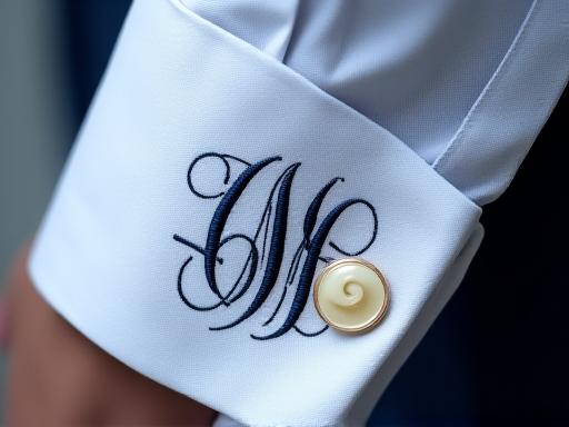 Close-up of a custom calligraphy monogram on a shirt cuff.