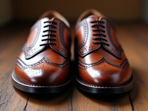 A pair of handmade brown leather brogues on a wooden floor.