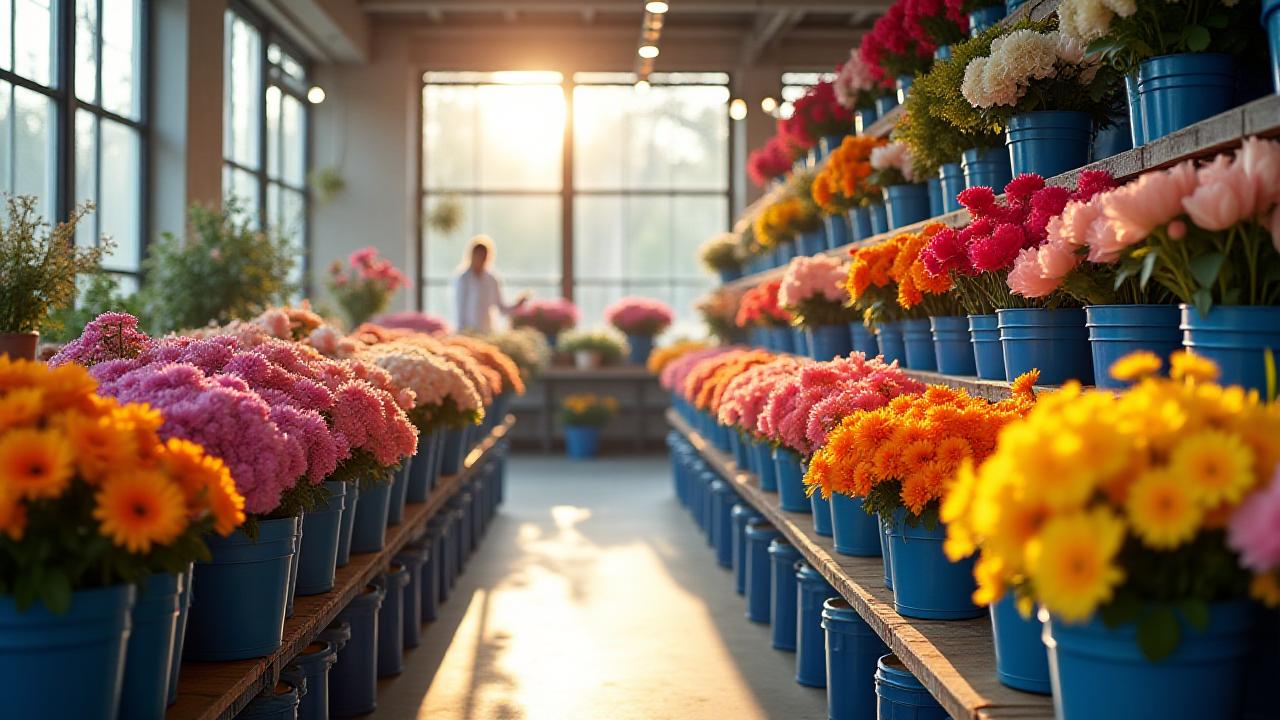 Atelier floral professionnel rempli de seaux de fleurs fraîches et colorées